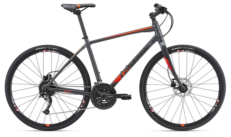 2018 GIANT ESCAPE 1 DISC ALLOY HYBRID BIKE, MATT CHARCOAL/NEON RED