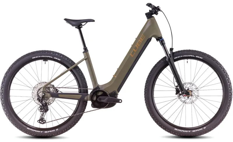 2025 Cube Reaction Hybrid Pro 600 - Step Thru Electric Hardtail Mountain Bike - Dusty Olive / Gold