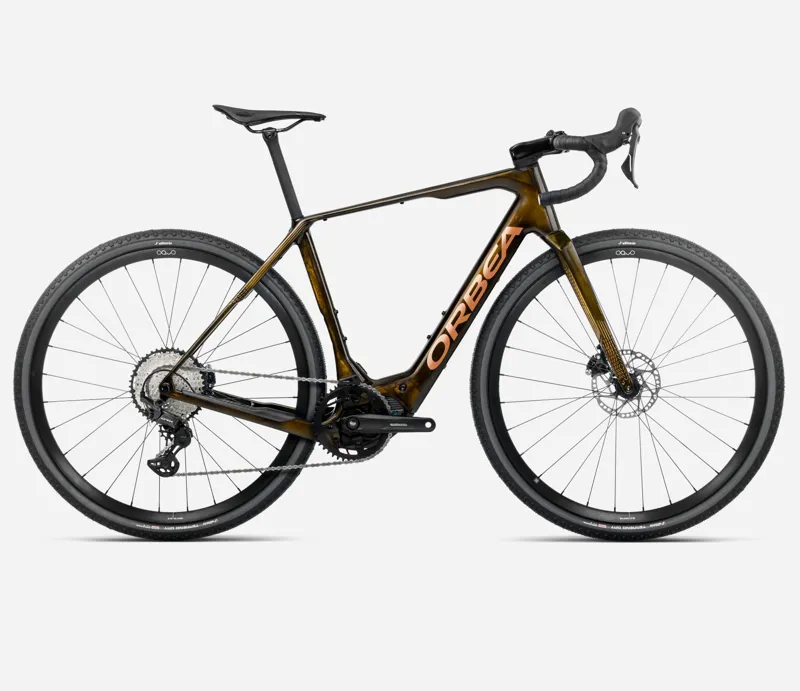 2025 Orbea Denna M30 - Electric Gravel Bike - Caramel Carbon View / Golden Sand