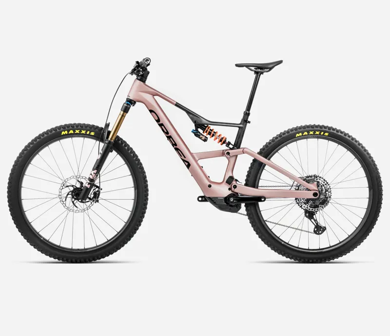 2025 Orbea Rise LT M-Team 420Wh - Electric Full Suspension Mountain Bike - Desert Rose / Carbon Raw-1