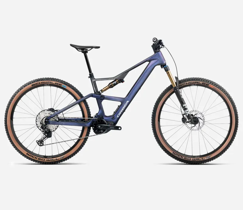 2025 Orbea Rise SL M10 420Wh - Electric Full Suspension Mountain Bike - Tanzanite Carbon View / Carbon Raw