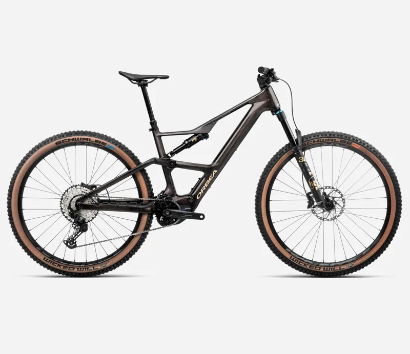 2025 Orbea Rise SL M20 420Wh - Electric Full Suspension Mountain Bike - Cosmic Carbon View / Golden Sand