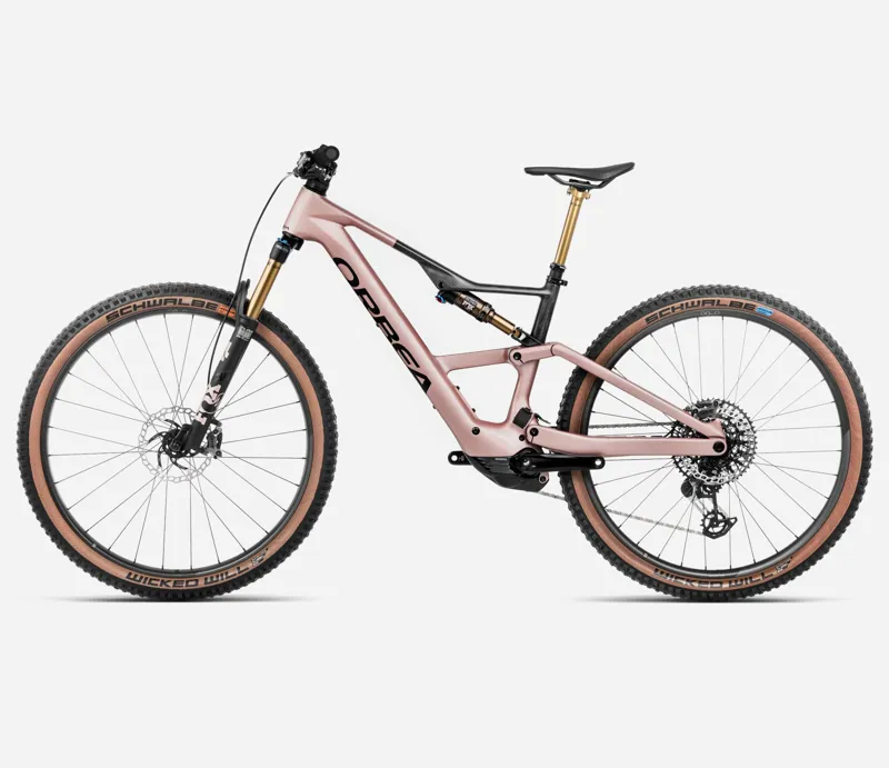 2025 Orbea Rise SL M10 420Wh - Electric Full Suspension Mountain Bike - Desert Rose / Carbon Raw-1