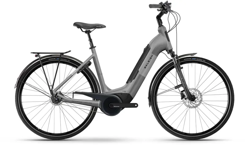2025 Raleigh Motus Tour Hub - Low Step Hub geared 500Wh Electric Bike - Grey / Twinkle Blue