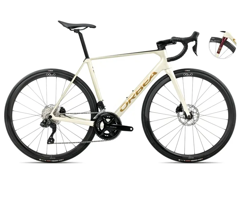 2025 Orbea Orca M35i - Carbon Road Bike - Ivory White / Burgundy Gloss / Vulcano Matt
