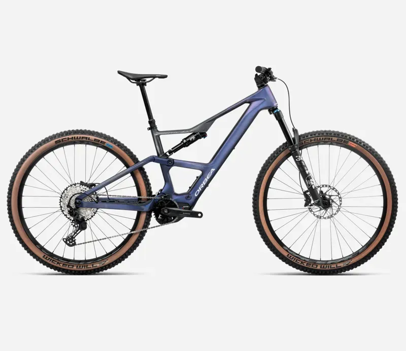 2025 Orbea Rise SL M20 420Wh - Electric Full Suspension Mountain Bike - Tanzanite Carbon View / Carbon Raw
